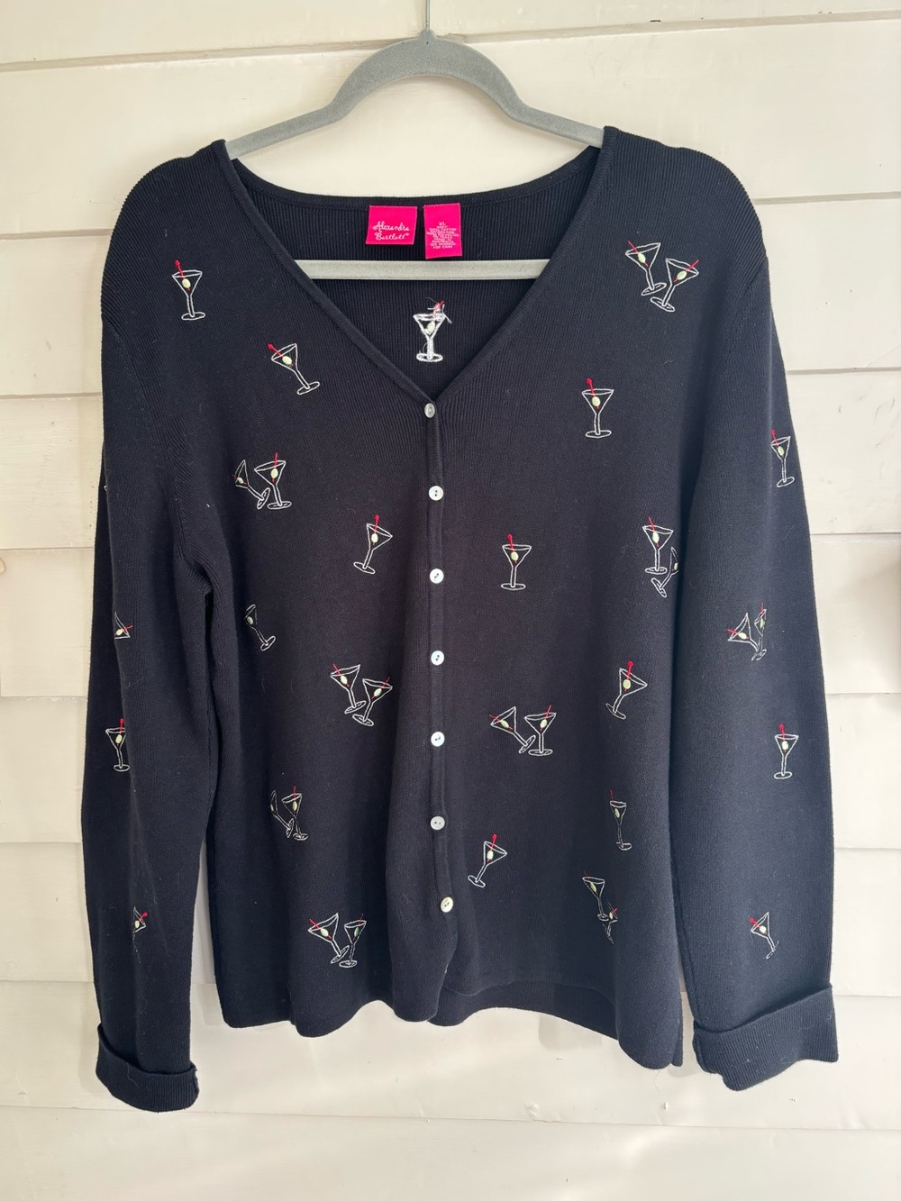 Alexandra Bartlett Black V-Neck Button Cardigan with Martini Glasses Size XL